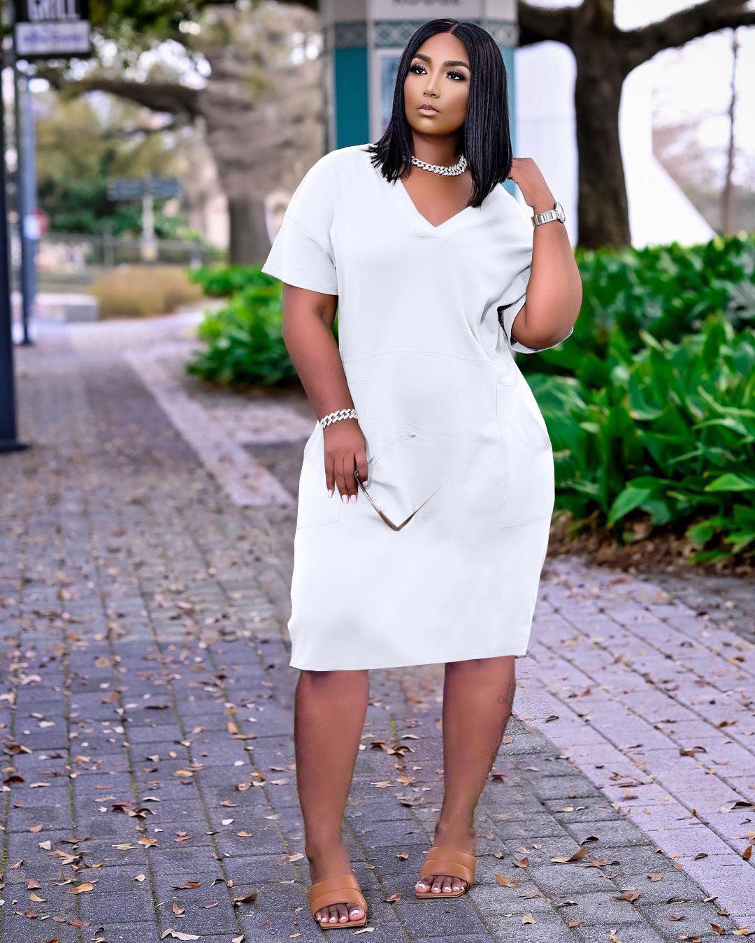 Sexy Loose Color V-neck Casual Dress With Pockets - melvincucci