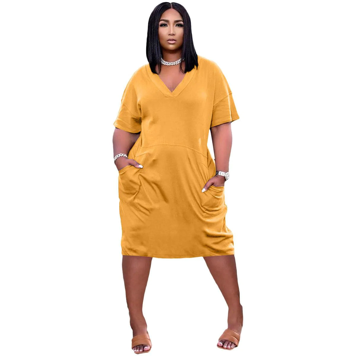 Sexy Loose Color V-neck Casual Dress With Pockets - melvincucci