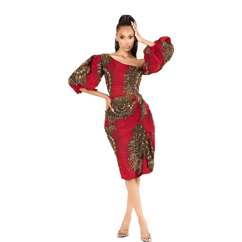 Sexy Lotus Leaf Lantern Sleeve African Dress - melvincucci