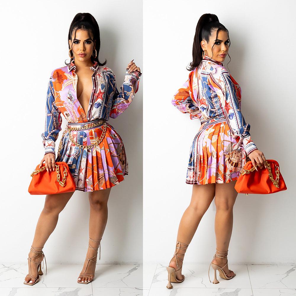 Sexy Women Printed Pleated Skirt Long Sleeve Short Skirt - melvincucci