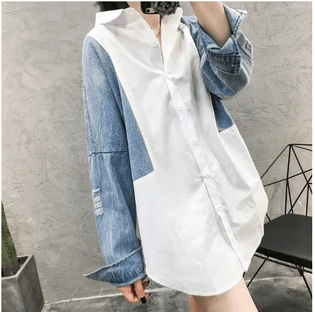 SHENGPALAE Patchwork Denim Long Sleeve Women Blouses Turn-down Collar Korean Fashion Top Summer Spring Loose Female Shirt FM1750 - melvincucci