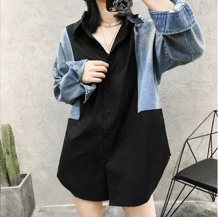 SHENGPALAE Patchwork Denim Long Sleeve Women Blouses Turn-down Collar Korean Fashion Top Summer Spring Loose Female Shirt FM1750 - melvincucci