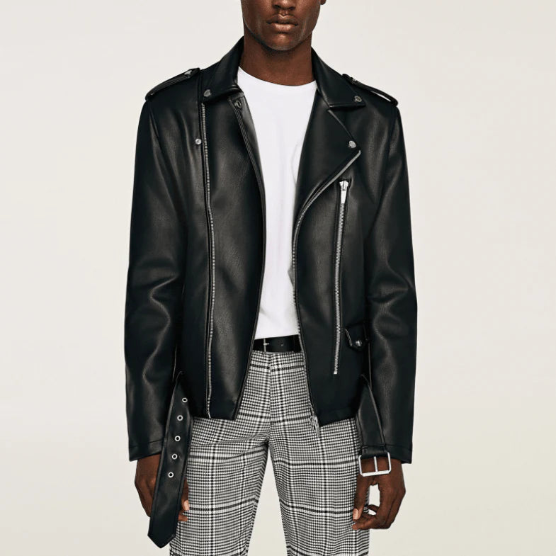 Short Belt Lapel Small Leather Motorcycle Leather Jacket - melvincucci