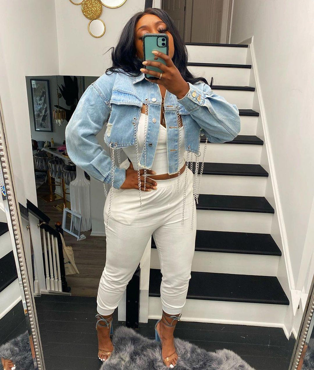 Short Frayed Denim Jacket Women Chain Fashion Style - melvincucci