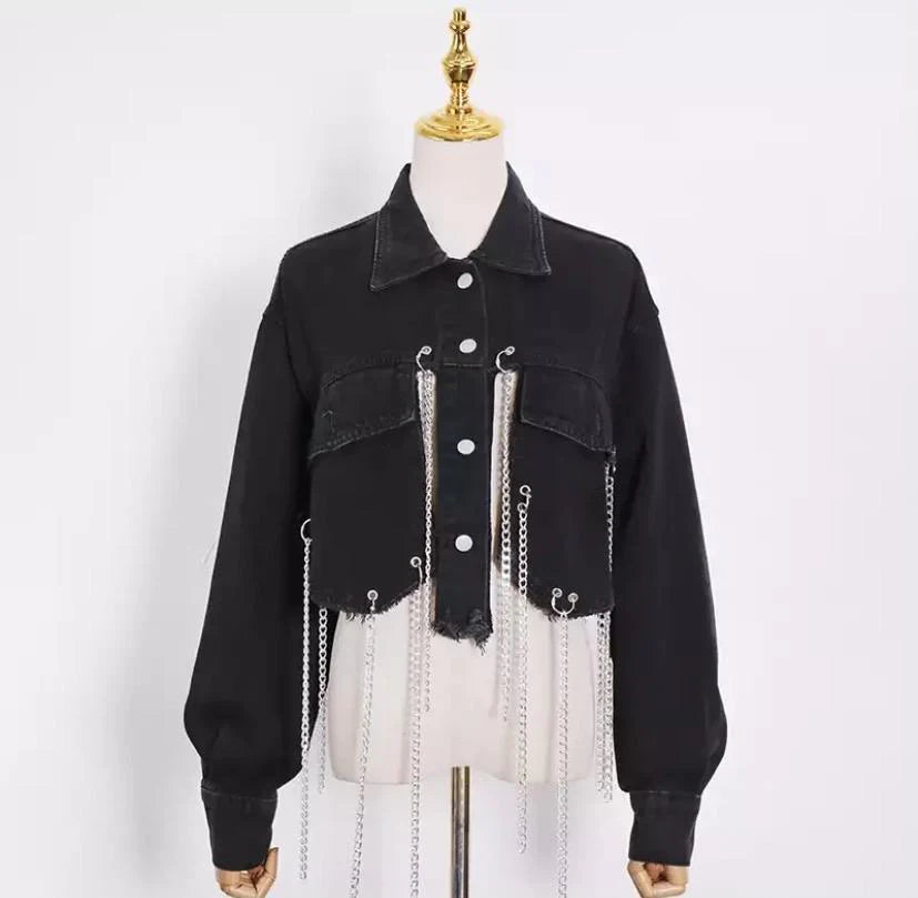 Short Frayed Denim Jacket Women Chain Fashion Style - melvincucci
