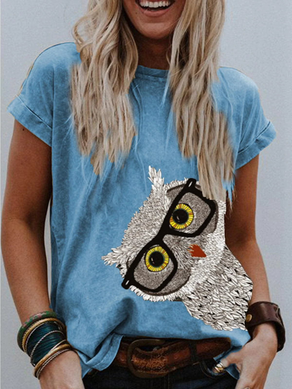 Short Sleeve Owl Print T Shirt Women - melvincucci