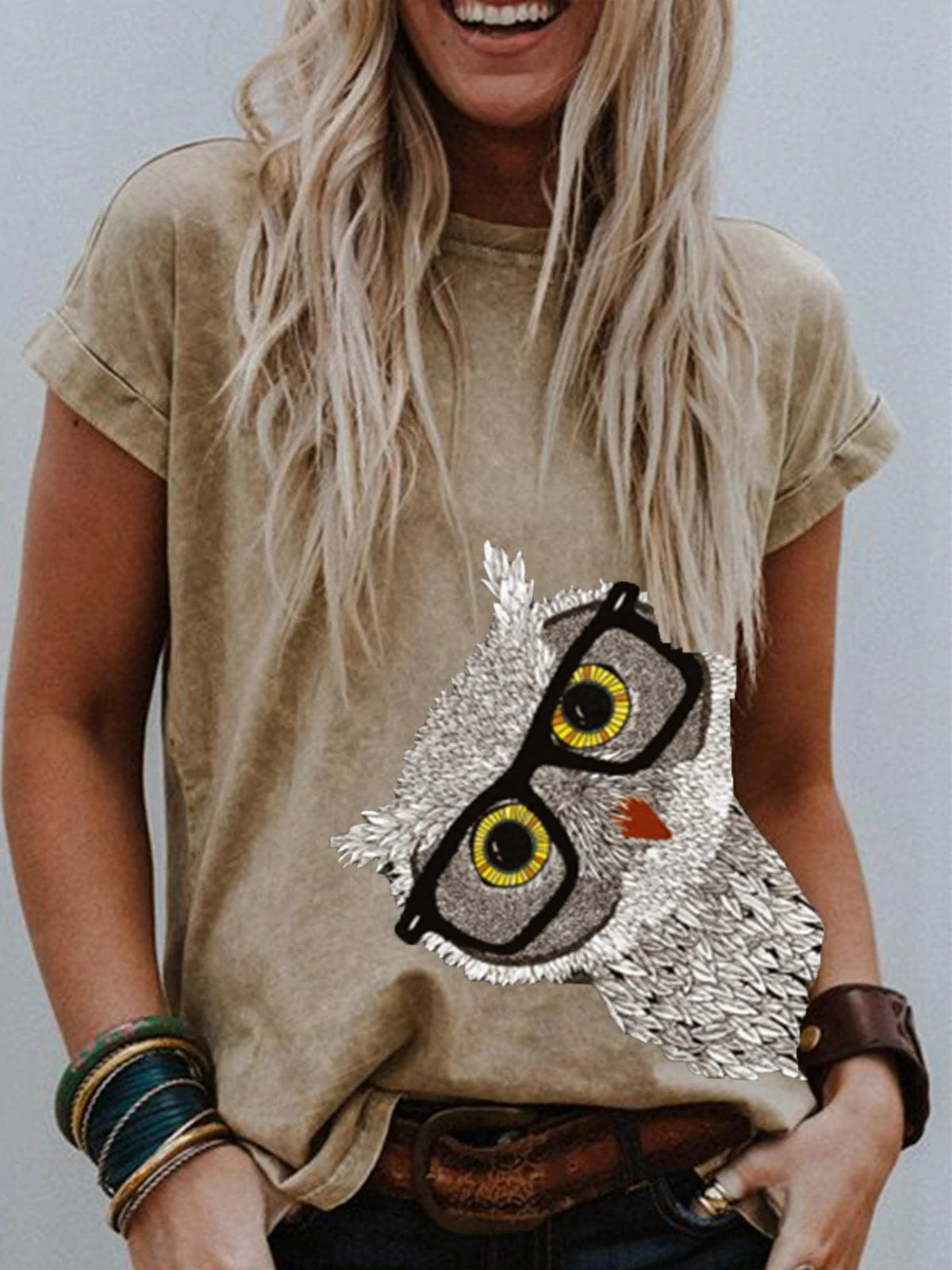 Short Sleeve Owl Print T Shirt Women - melvincucci