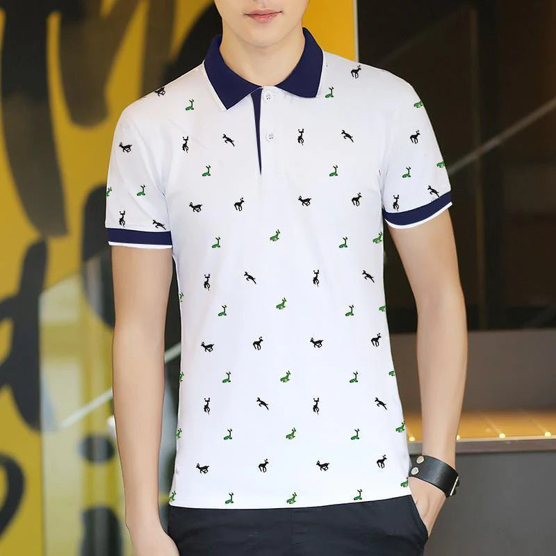 Short Sleeve T-shirt Men''s One Summer Men''s Thin Polo Shirt Fawn Print Lapel T-Shirt Large - melvincucci