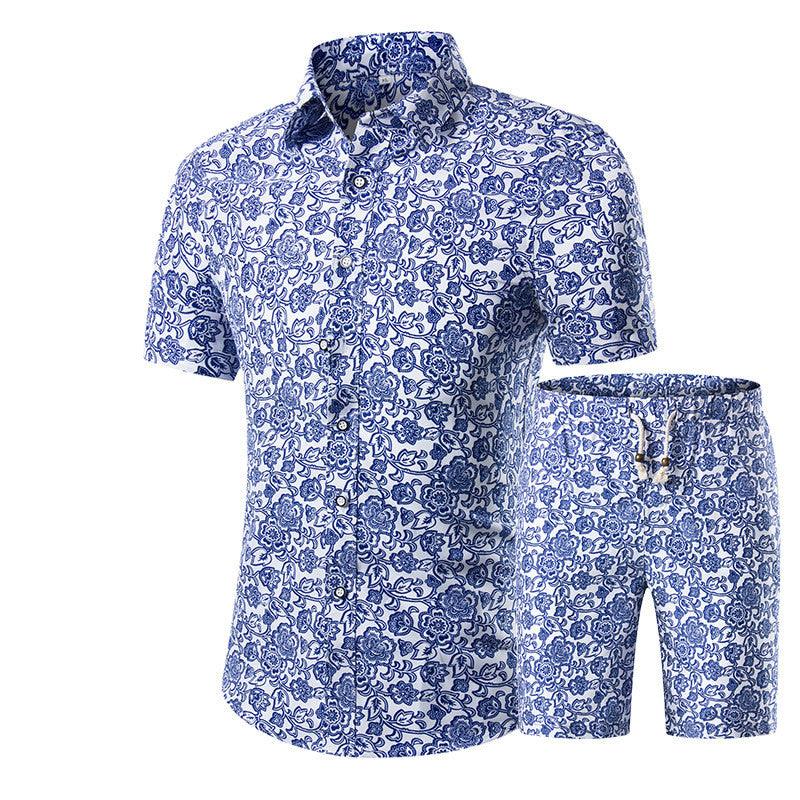Short-Sleeved Floral Shirt Shorts A Set Of Cross-Border Men'S Beachwear Floral Sports - melvincucci