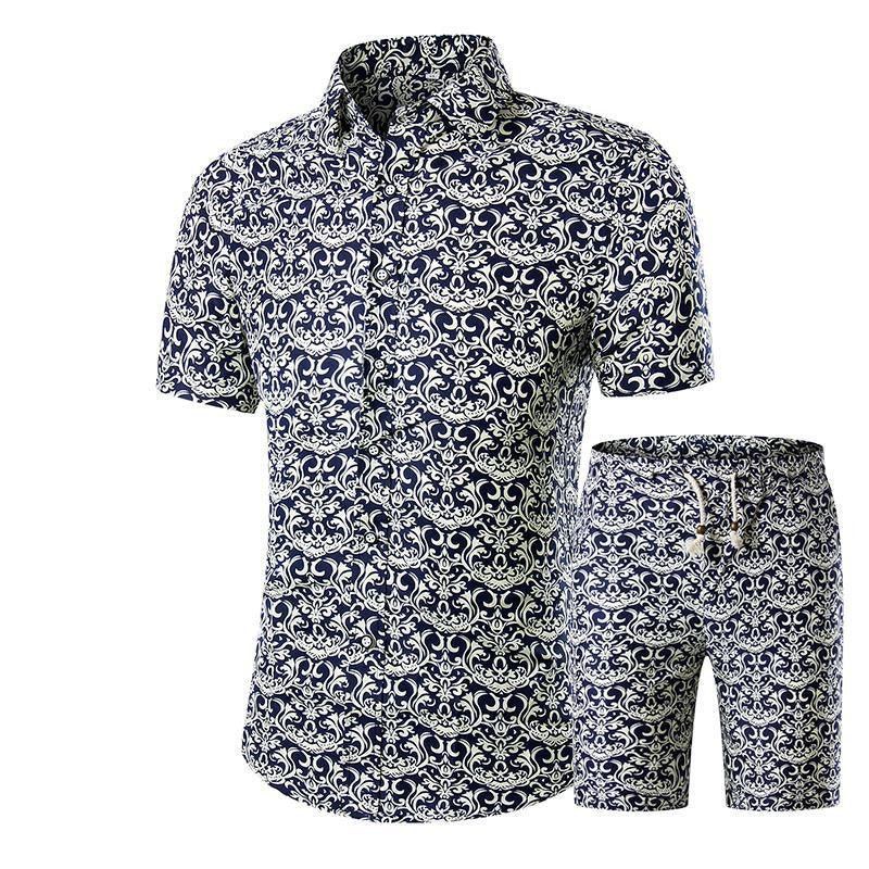 Short-Sleeved Floral Shirt Shorts A Set Of Cross-Border Men'S Beachwear Floral Sports - melvincucci