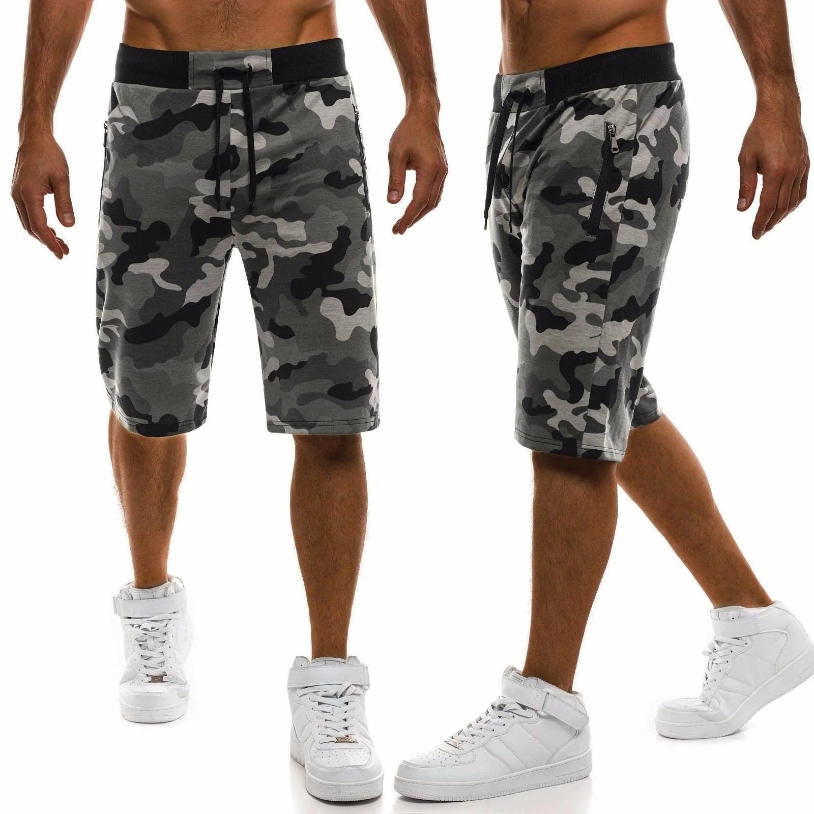 Shorts Sports Fitness Five-Point Pants Tether Zipper Shorts Straight Camouflage Beach Pants Men - melvincucci