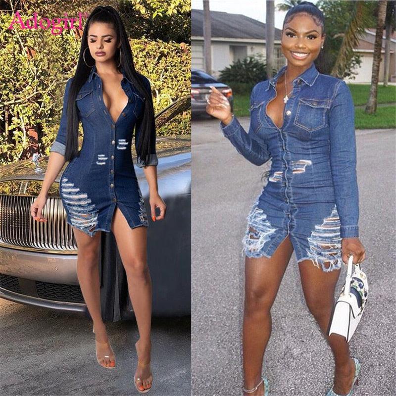 Shredded denim dress denim casual dress - melvincucci