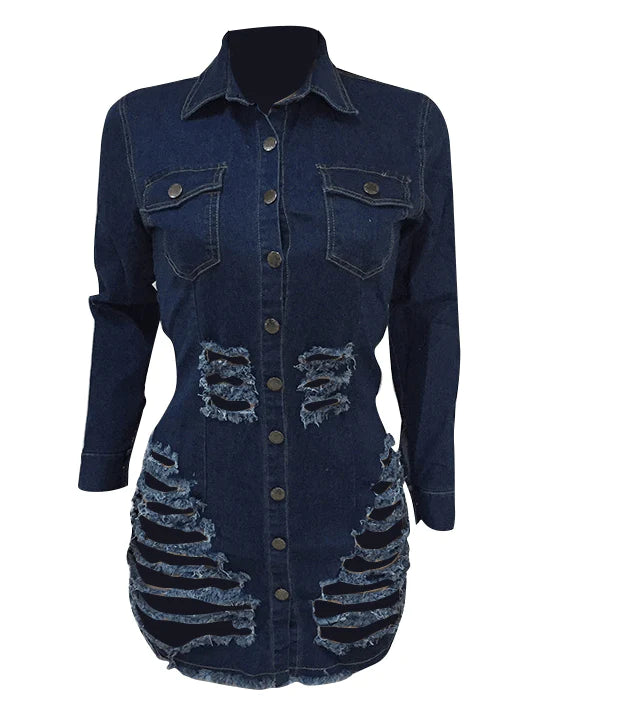 Shredded denim dress denim casual dress - melvincucci