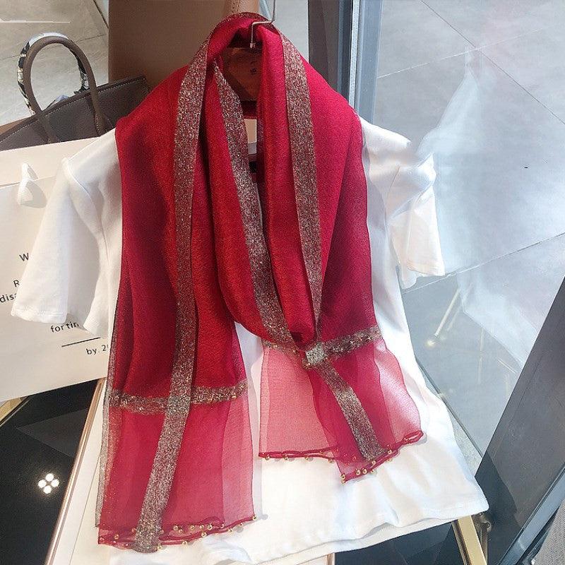 Silk Silk Wool Scarf New Spring And Autumn Silk Scarf With Beads - melvincucci