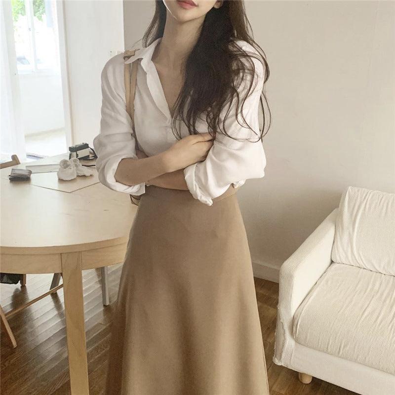 Simple Foundation Long Sleeve Shirt High Waist And All Over Body Skirt Suit Women - melvincucci