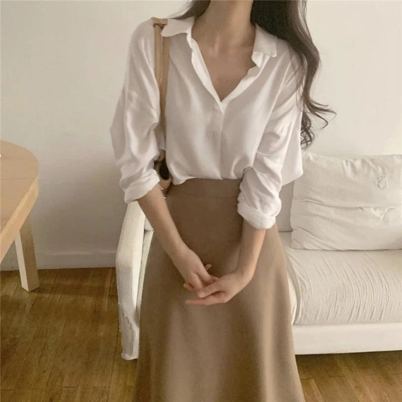 Simple Foundation Long Sleeve Shirt High Waist And All Over Body Skirt Suit Women - melvincucci