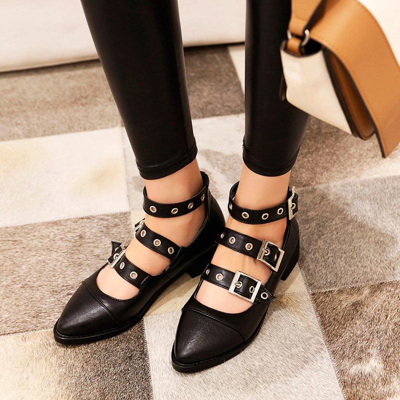 Single shoe thick heel Roman shoes with rivet buckle - melvincucci
