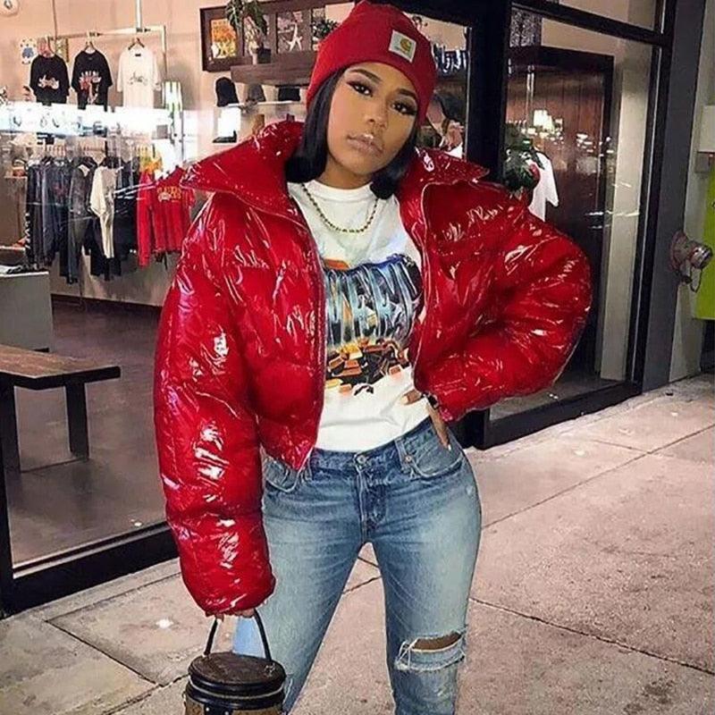 Sisterlinda Faux PU Leather Y2K Bubble Puffer Winter Warm Jacket Women Coats Long Sleeve Outerwear Zipper Casual Slim Parkas2021 - melvincucci