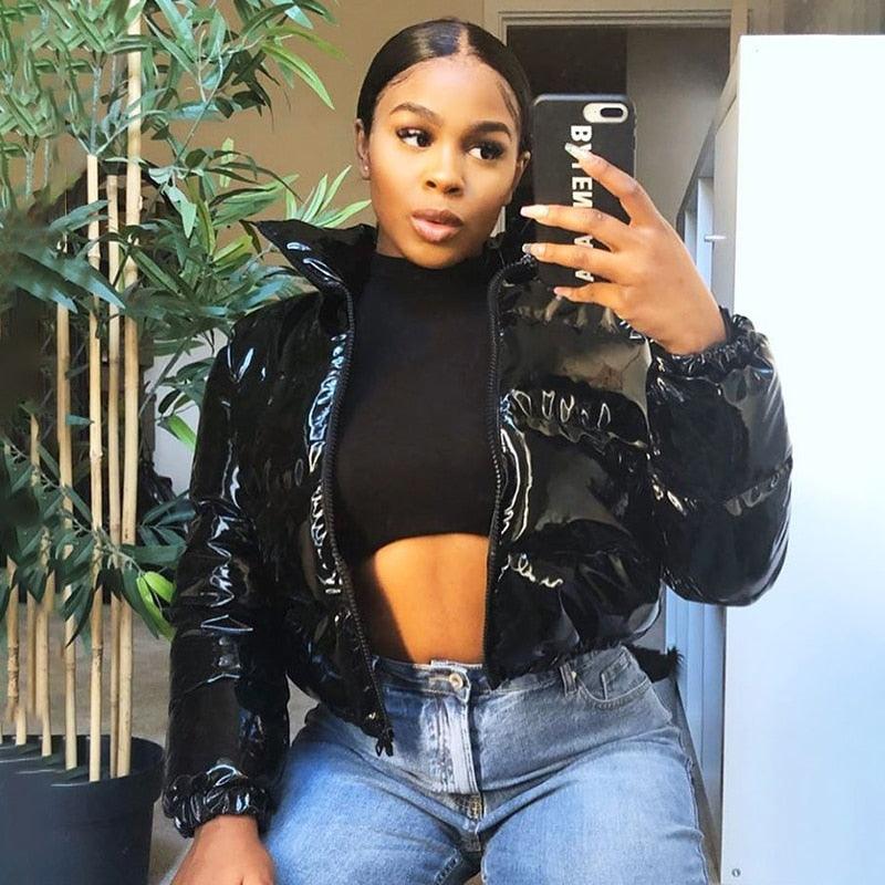 Sisterlinda Faux PU Leather Y2K Bubble Puffer Winter Warm Jacket Women Coats Long Sleeve Outerwear Zipper Casual Slim Parkas2021 - melvincucci