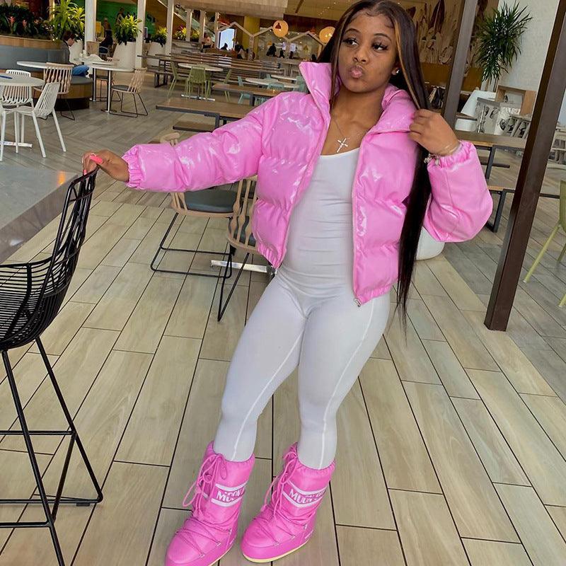 Sisterlinda Faux PU Leather Y2K Bubble Puffer Winter Warm Jacket Women Coats Long Sleeve Outerwear Zipper Casual Slim Parkas2021 - melvincucci