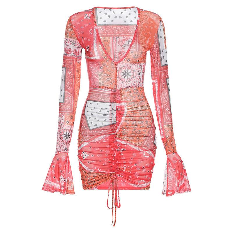 Slim-Fit Hip Dress With Straps Flared Sleeves Sexy Low-cut Adjustable Dress - melvincucci