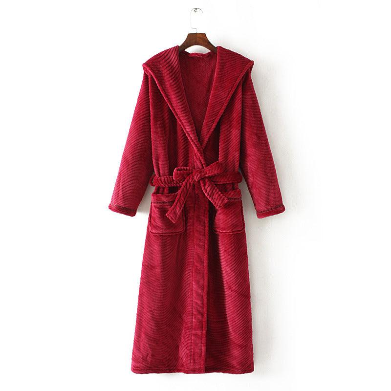 Solid Color Extended Hooded Flannel Bathrobe - melvincucci
