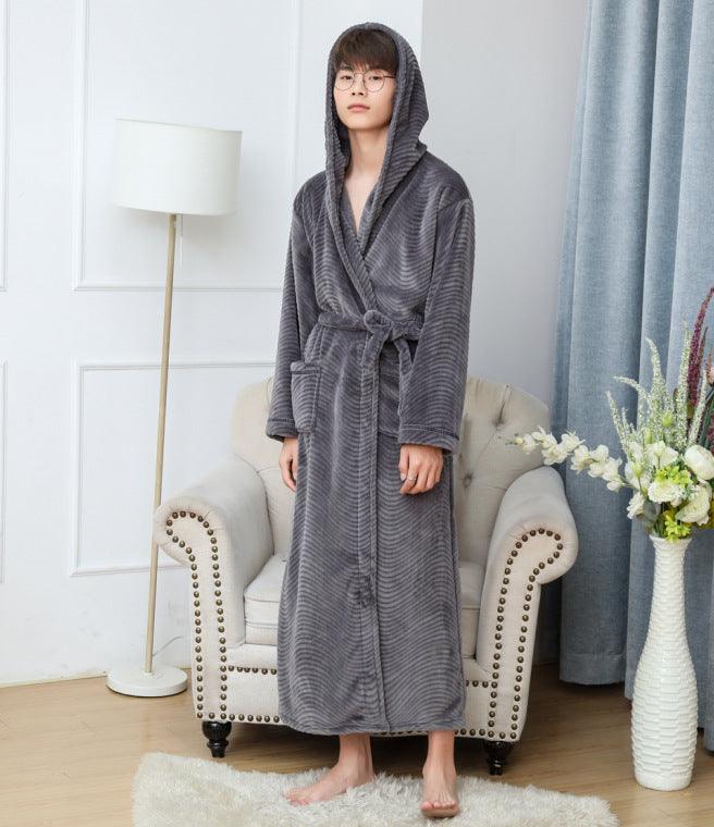 Solid Color Extended Hooded Flannel Bathrobe - melvincucci