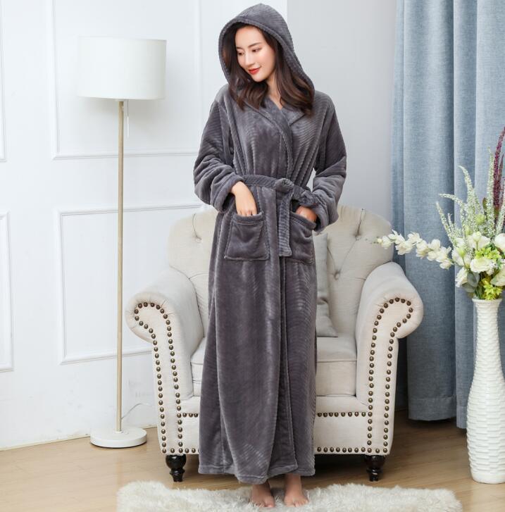 Solid Color Extended Hooded Flannel Bathrobe - melvincucci