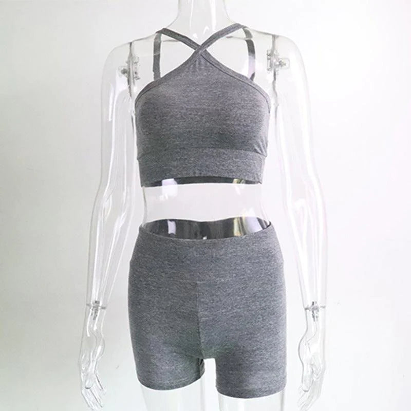 Solid Color Two Piece Yoga Suit With Solid Suspender Vest - melvincucci