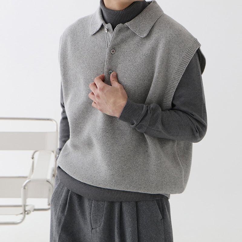 Spring Sleeveless Vest Lapel Sweater Men's All-Match Knitwear Vest Waistcoat Hong Kong Style Jacket - melvincucci