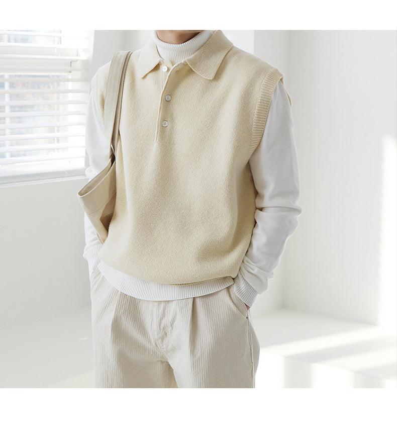 Spring Sleeveless Vest Lapel Sweater Men's All-Match Knitwear Vest Waistcoat Hong Kong Style Jacket - melvincucci