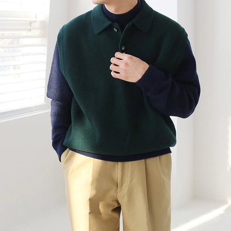 Spring Sleeveless Vest Lapel Sweater Men's All-Match Knitwear Vest Waistcoat Hong Kong Style Jacket - melvincucci