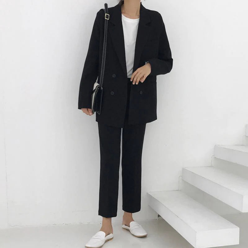 Spring Vintage Double Breasted Women Pant Suit Light Gr - melvincucci