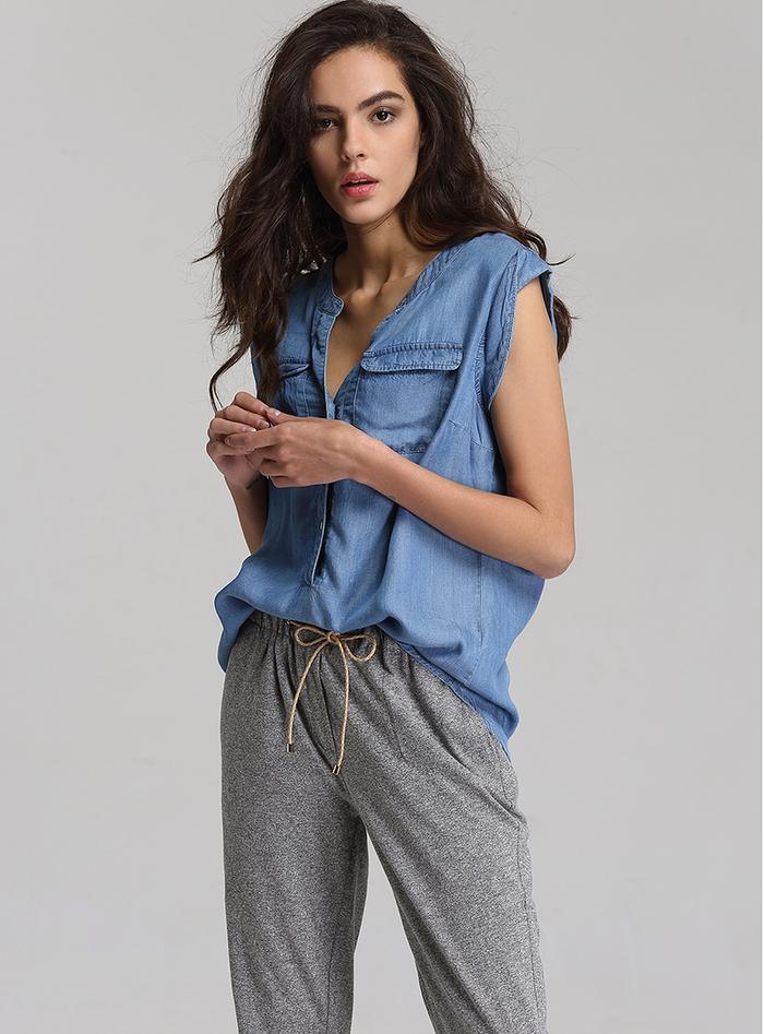 Stand collar loose sleeveless casual shirt - melvincucci