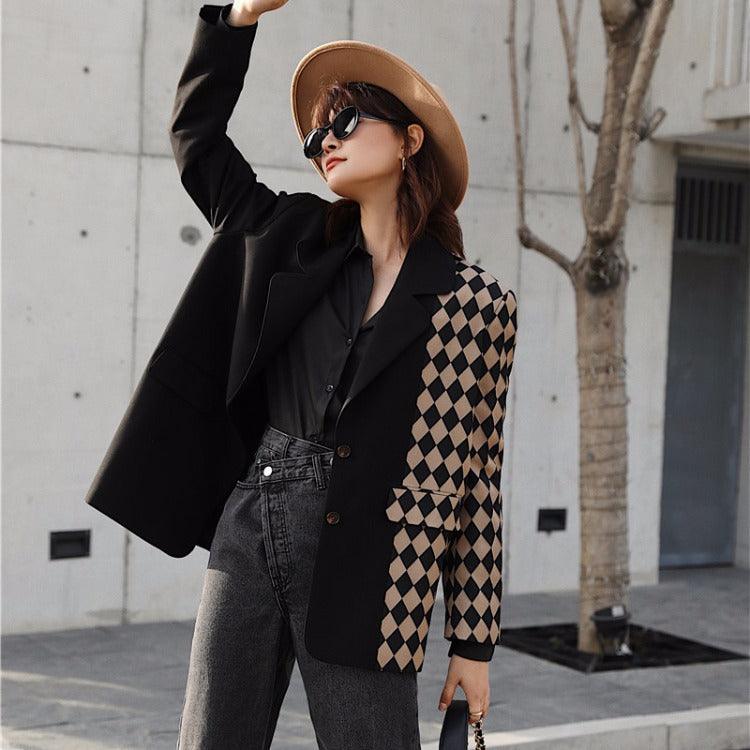 Stitching suit jacket women plaid small suit - melvincucci