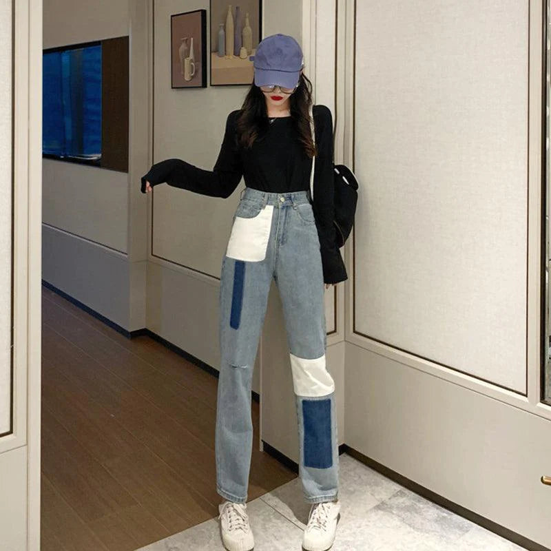 Straight pants stitching loose denim women - melvincucci