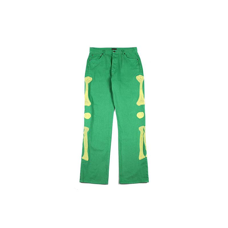 Street Green Embroidery Bone Loose Wash Denim Casual Pants Men - melvincucci