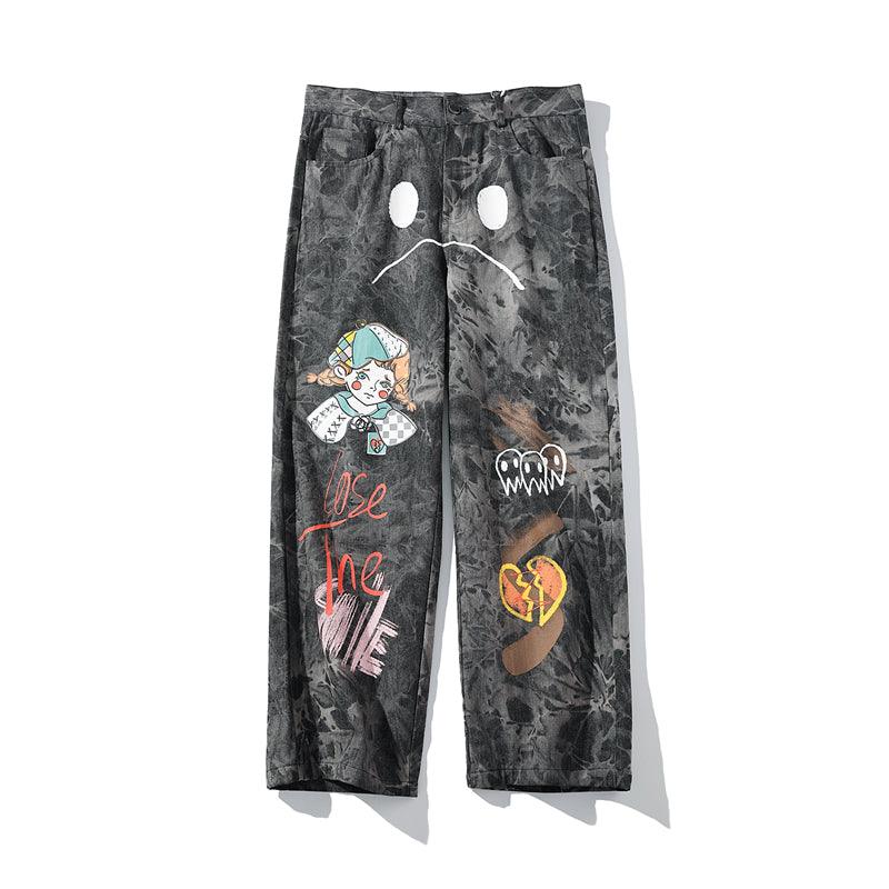 Streetwear Men Loose Denim Pants Graffiti Print Black Vintage Denim Pants Harajuku Joggers Trousers Cotton - melvincucci
