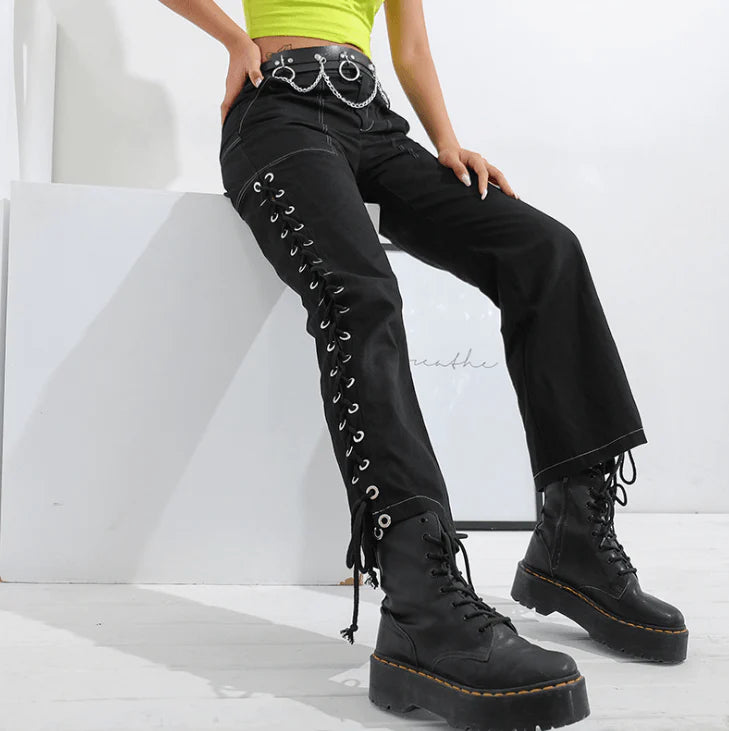 Streetwear Punk Side Cross Lace-up Straight Pant Black Women 2021 High Waist Trousers Joggers Long Pant Capris Pocket - melvincucci