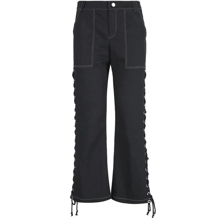 Streetwear Punk Side Cross Lace-up Straight Pant Black Women 2021 High Waist Trousers Joggers Long Pant Capris Pocket - melvincucci