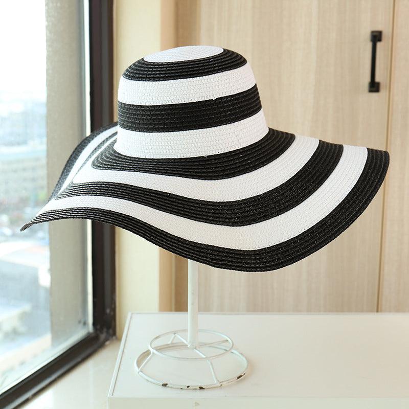 Striped Beach Hat Sun Visor Straw Hat Large Brimmed Hat Women - melvincucci