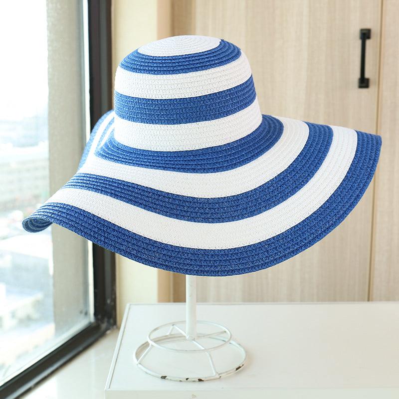Striped Beach Hat Sun Visor Straw Hat Large Brimmed Hat Women - melvincucci