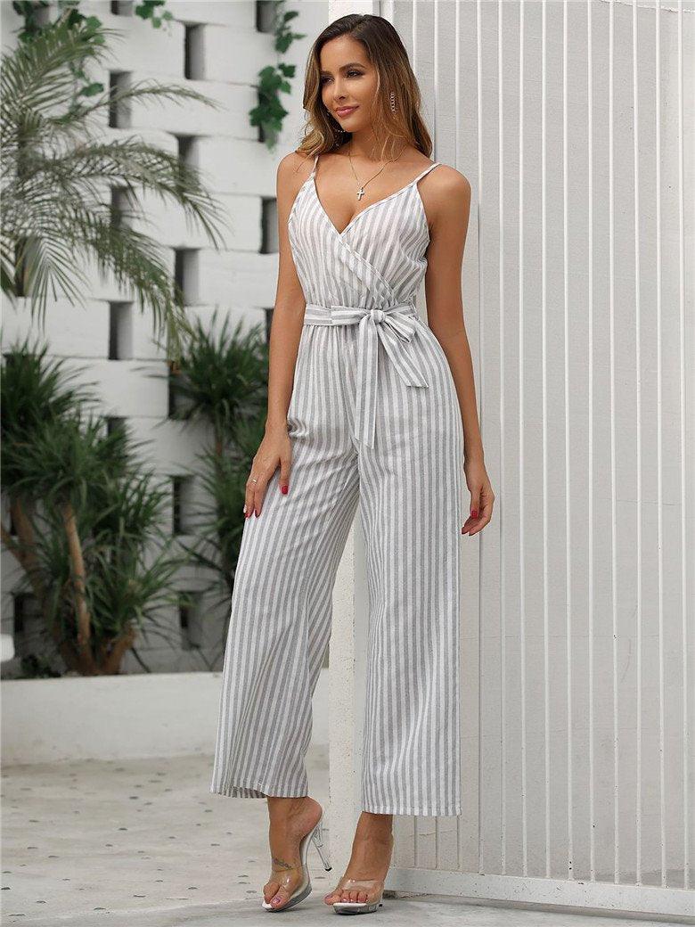 Striped jumpsuit romper playsuit wide leg pant - melvincucci