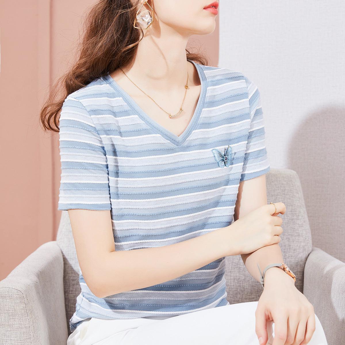 Striped T-shirt Round Neck Butterfly Embroidered Short Sleeve T-Shirt Women Women - melvincucci