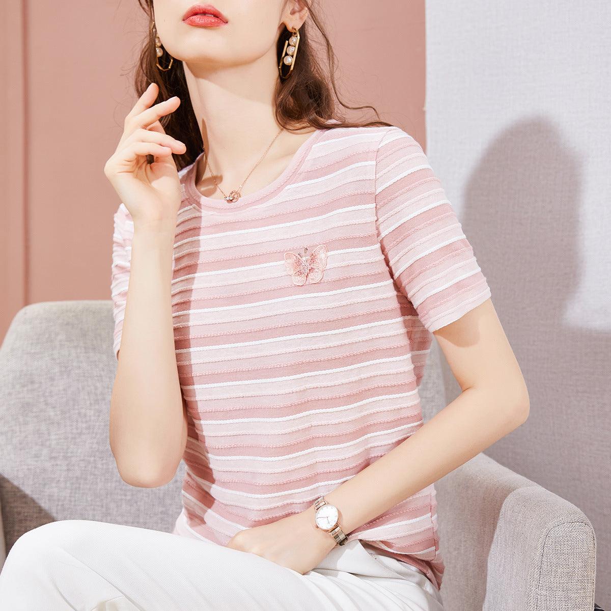 Striped T-shirt Round Neck Butterfly Embroidered Short Sleeve T-Shirt Women Women - melvincucci