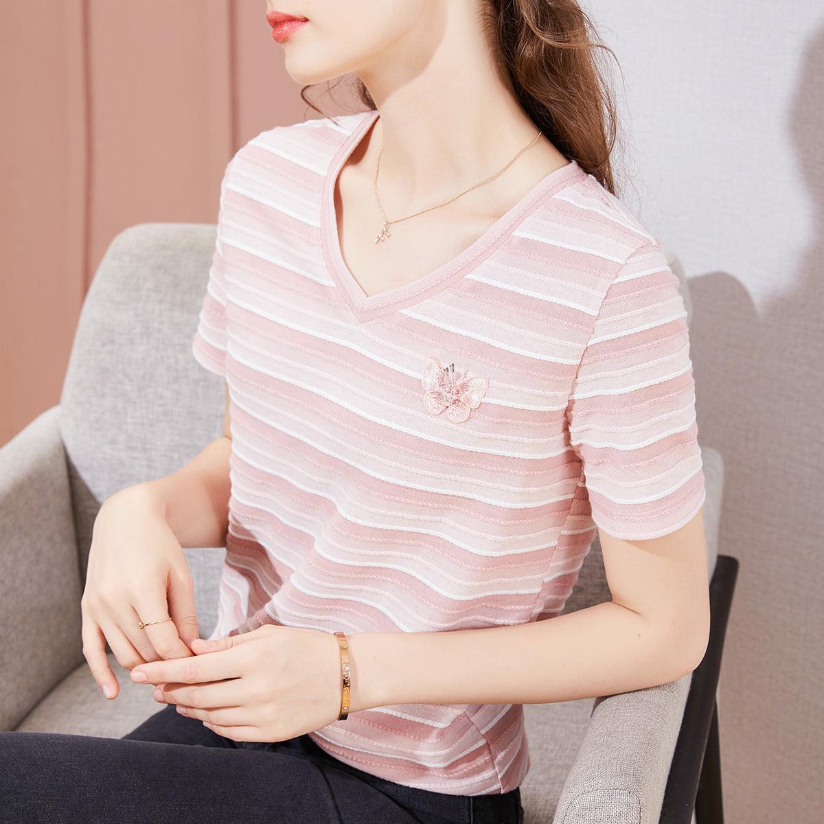 Striped T-shirt Round Neck Butterfly Embroidered Short Sleeve T-Shirt Women Women - melvincucci