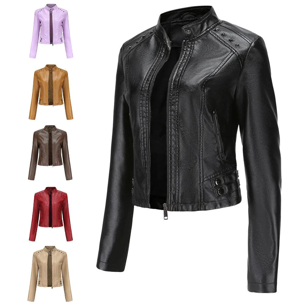Studded Leather Women Short Jacket Long Sleeves - melvincucci