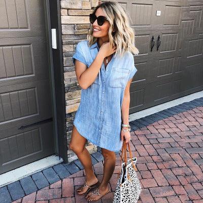 Summer Button Short-sleeved Denim Shirt Dress Women - melvincucci