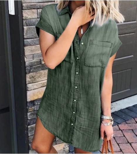 Summer Button Short-sleeved Denim Shirt Dress Women - melvincucci
