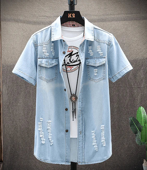 Summer New Short-sleeved Denim Shirt Men Slim Korean Shirt Youth Denim Jacket - melvincucci